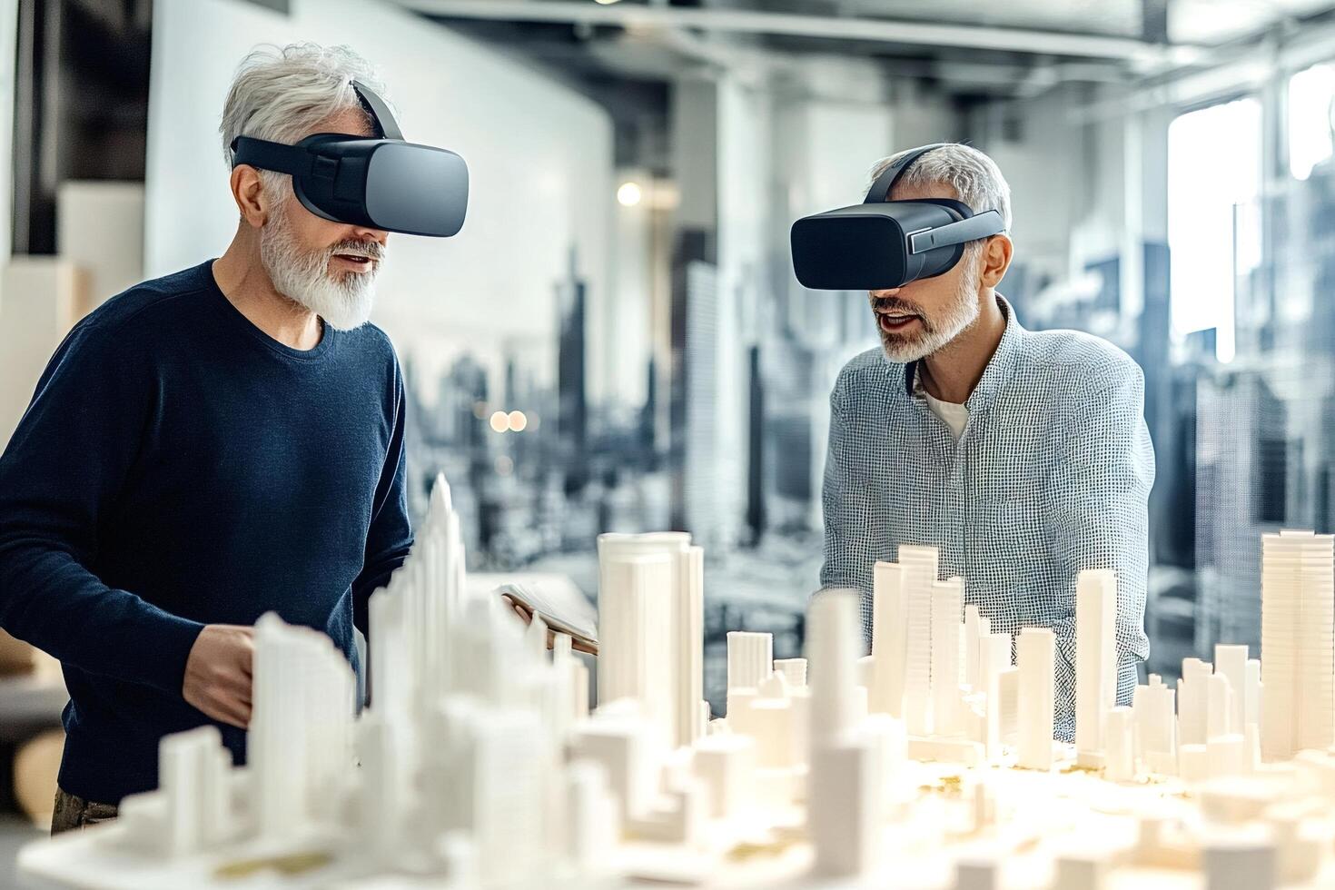 Architects using vr headsets exploring city model photo