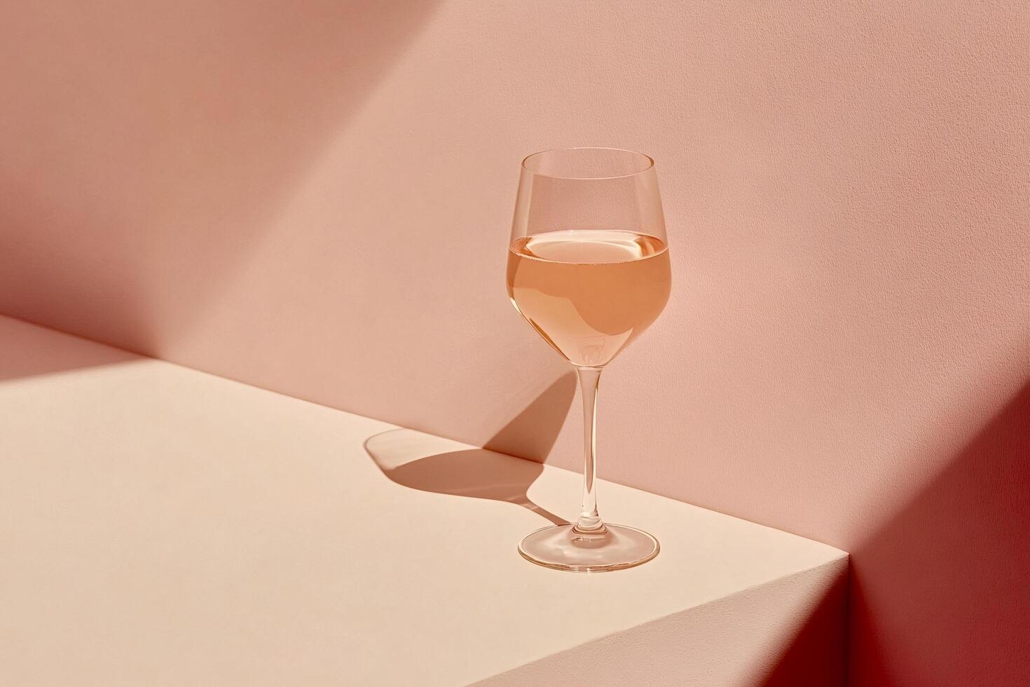 Glass of rose wine standing on corner of table with dramatic lighting photo