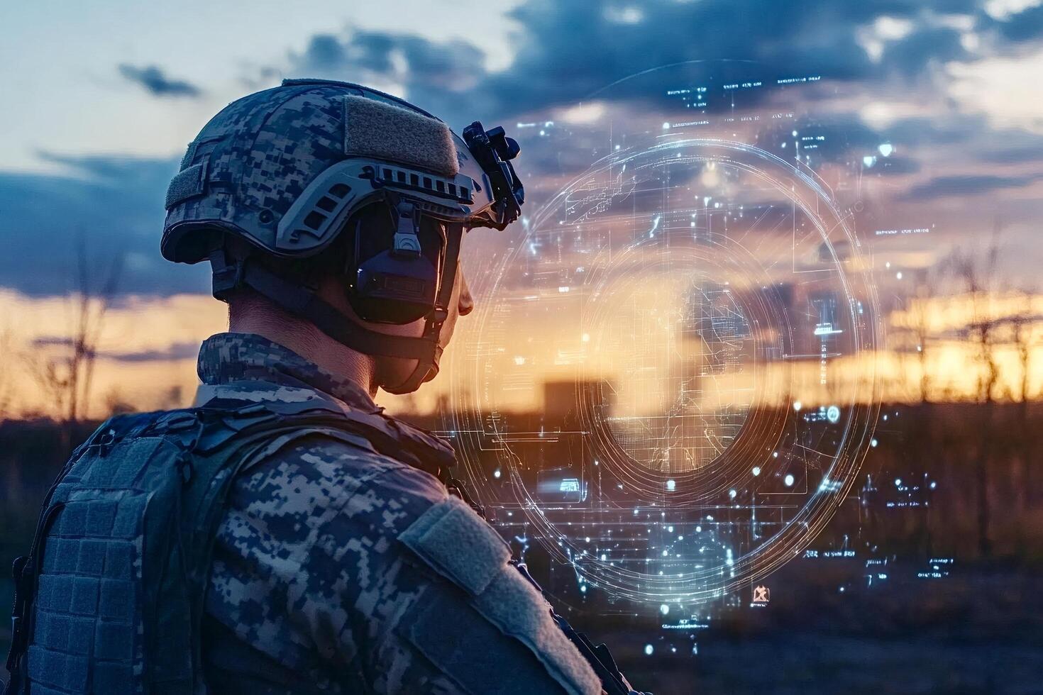 Soldier using futuristic head-up display in combat zone at sunset photo