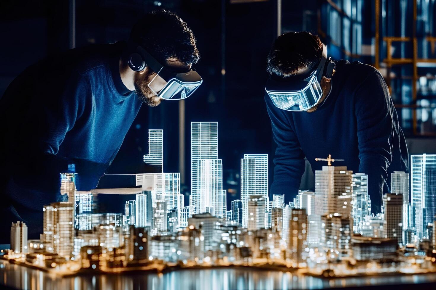 Architects using vr headsets working with virtual model of a city at night photo