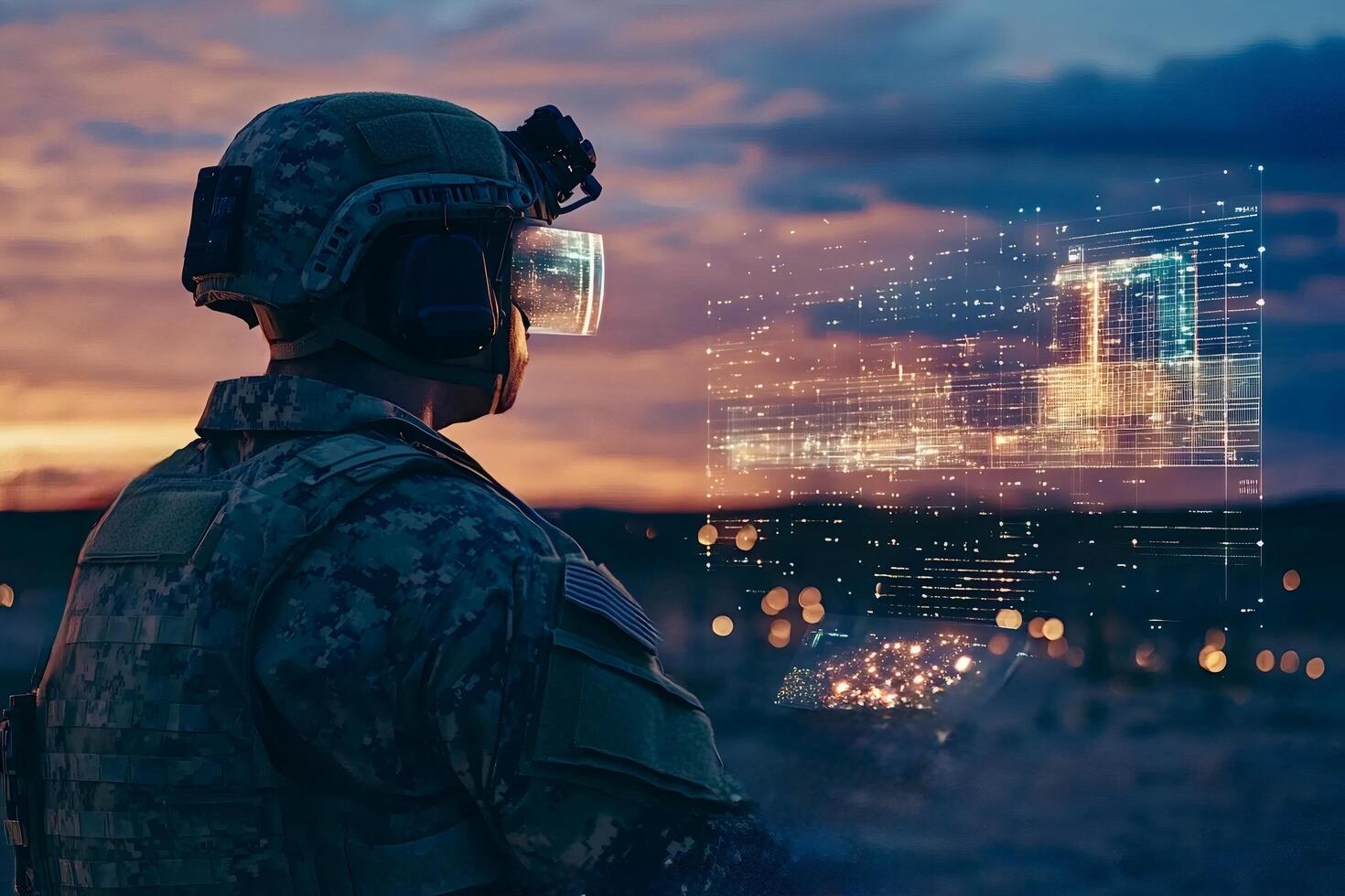Soldier wearing augmented reality glasses analyzing data at sunset photo