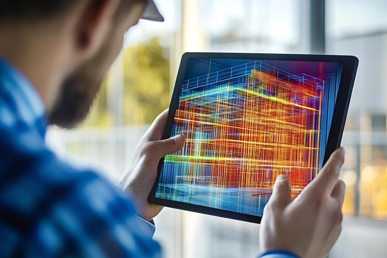 Architect using augmented reality app on tablet for building project visual photo