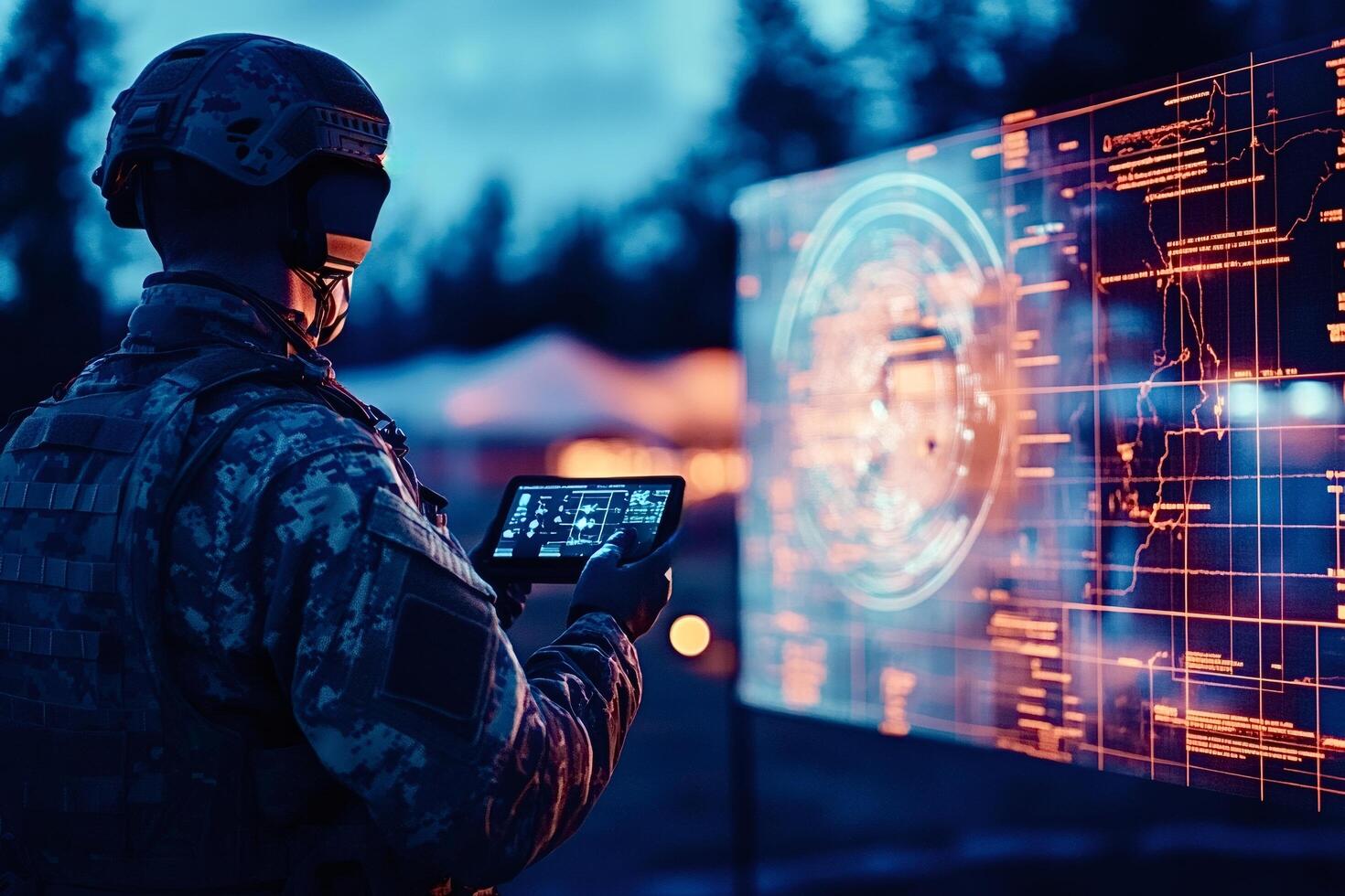 Soldier using futuristic augmented reality system in military operation photo