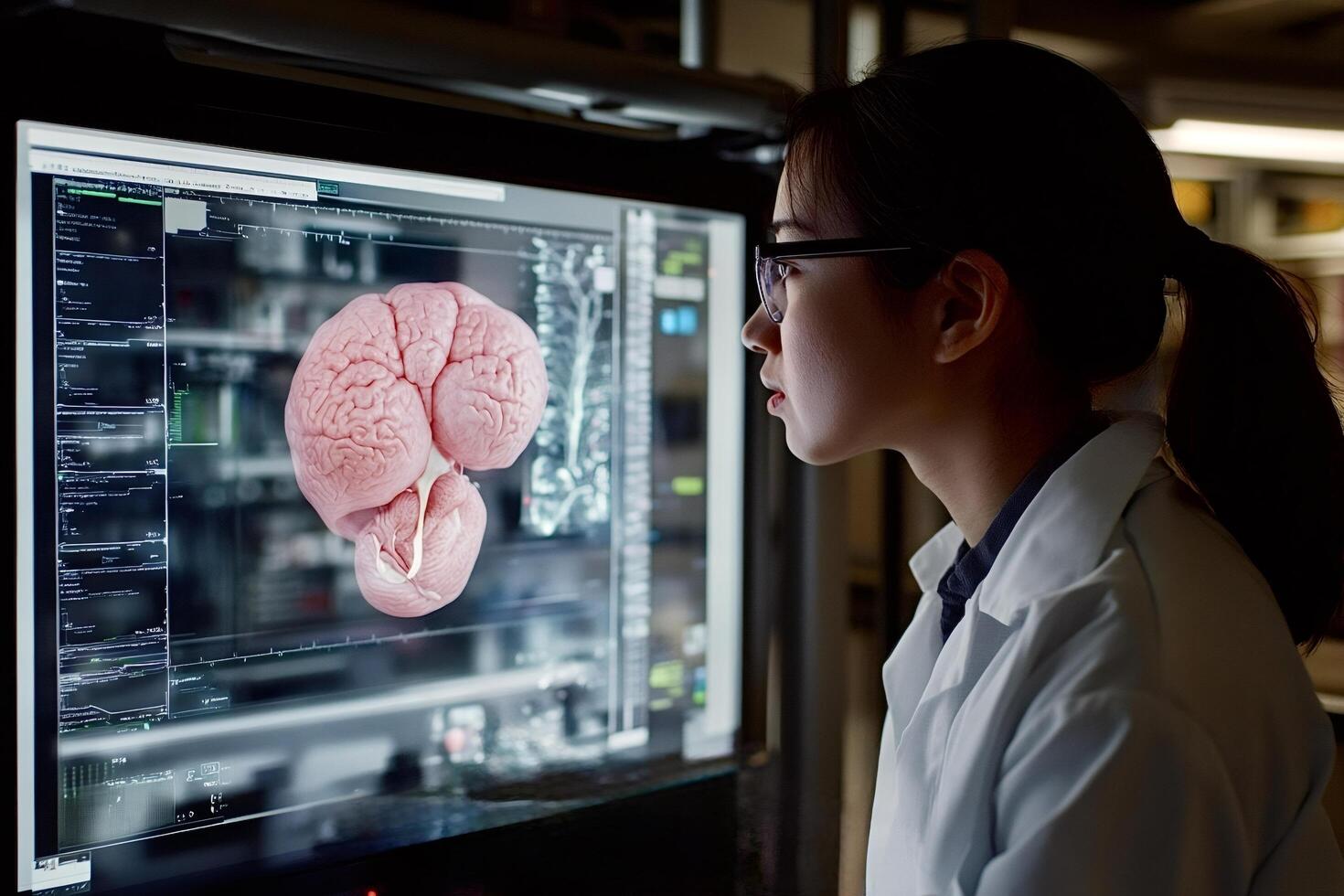Medical student studying human brain on transparent digital screen in laboratory photo
