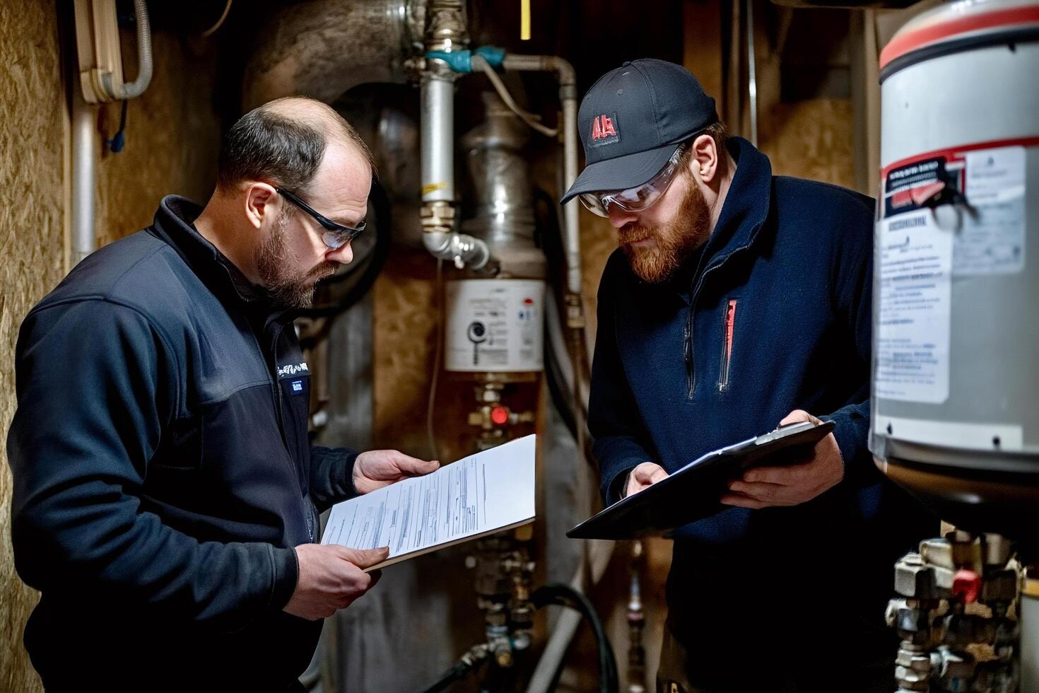Technicians inspecting plumbing system and taking notes photo