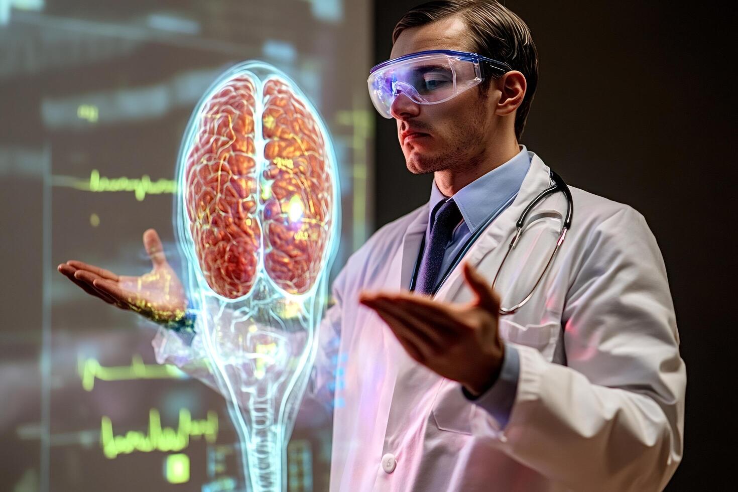 Doctor wearing ar glasses is analyzing holographic projection of a human brain photo