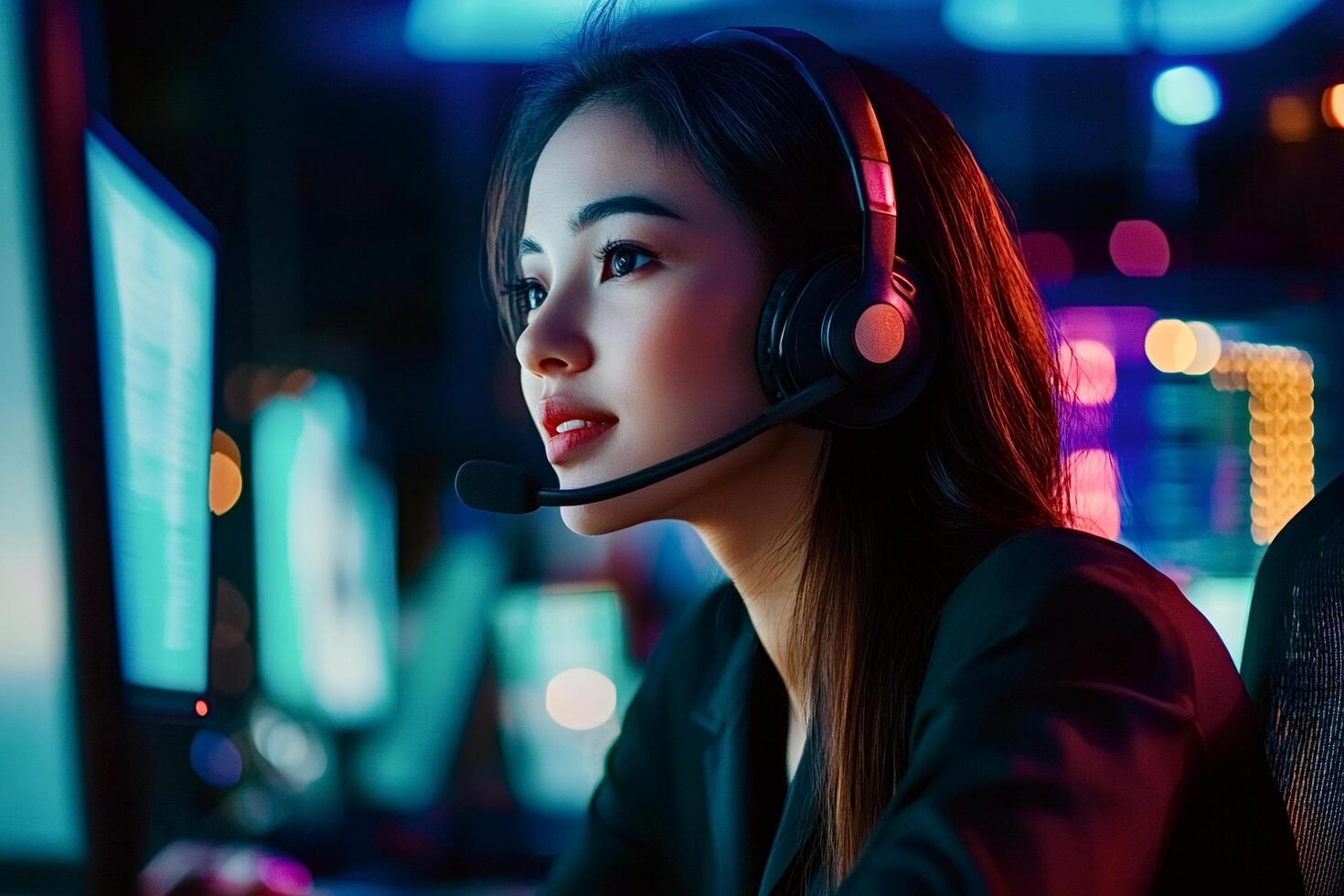 Gamer girl streaming live, playing online game late at night photo