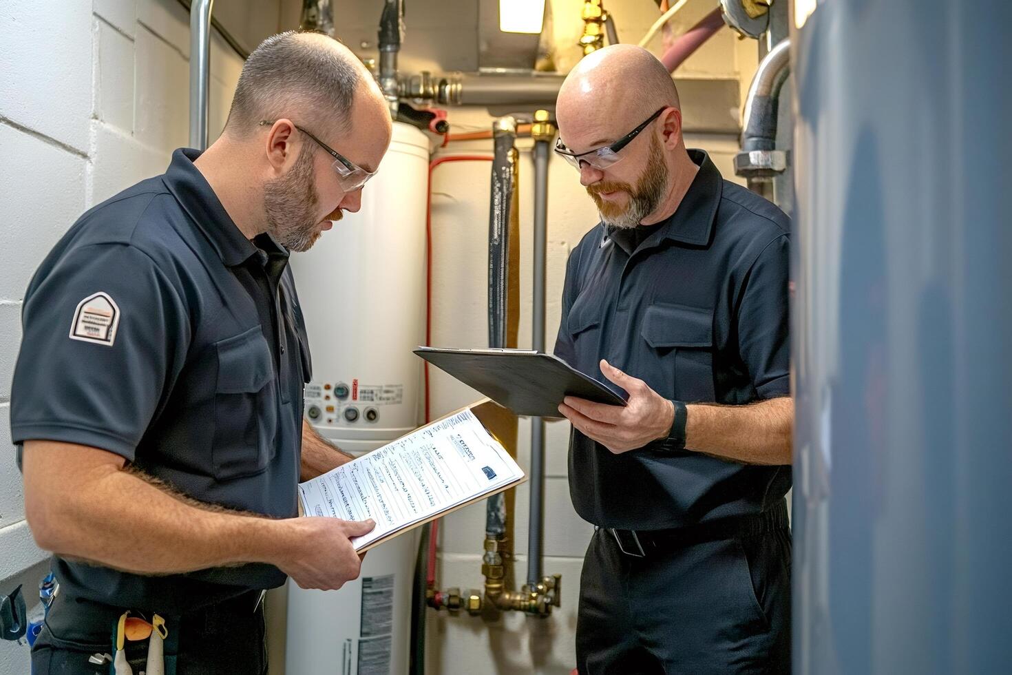 Technicians inspecting water heater and discussing maintenance checklist boiler photo
