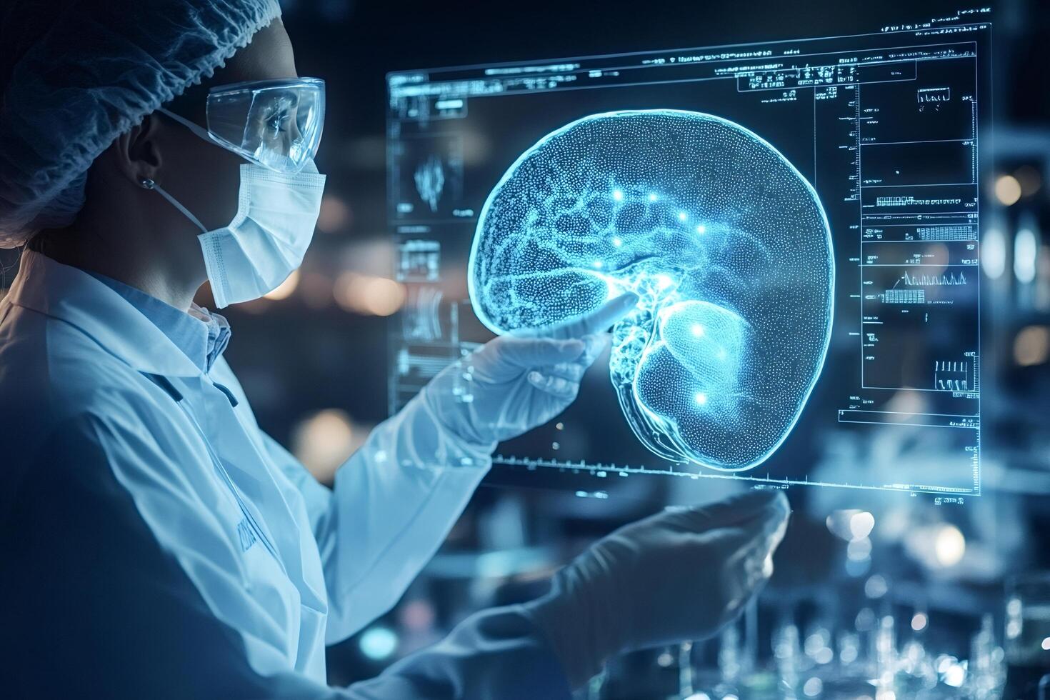 Medical doctor analyz human brain using futuristic transparent screen interface photo