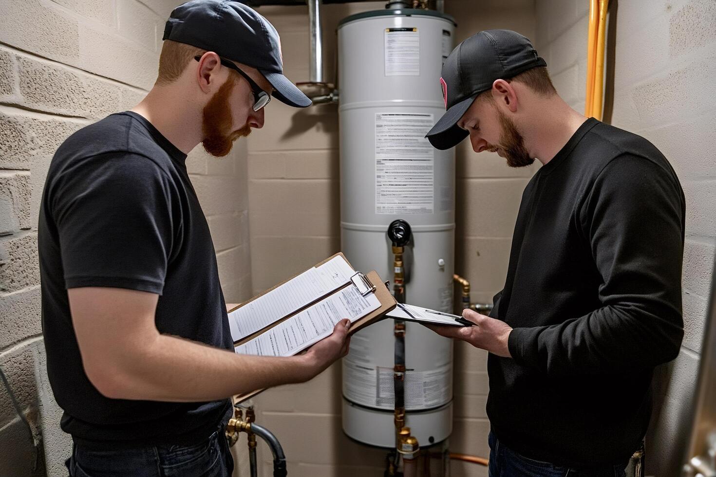 Technicians inspecting water heater and completing maintenance checklist photo