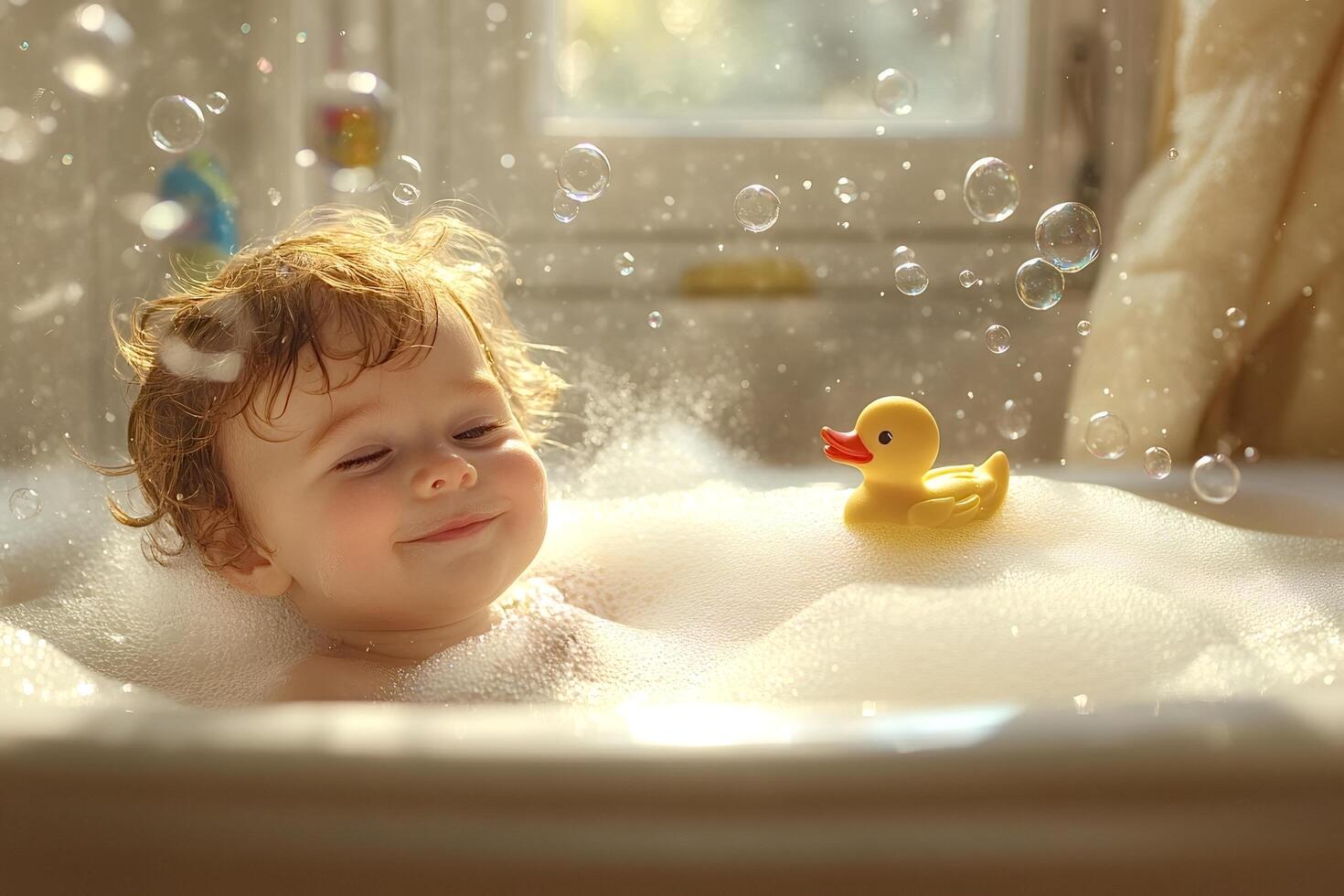 Baby taking a relaxing bath with rubber ducky and soap bubbles photo