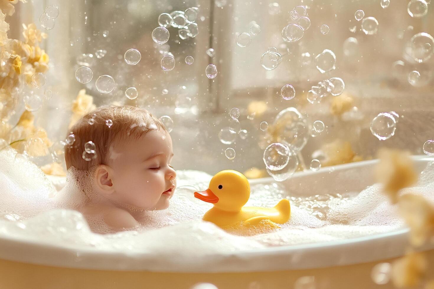 Baby taking a relaxing bath with rubber duck and soap bubbles photo