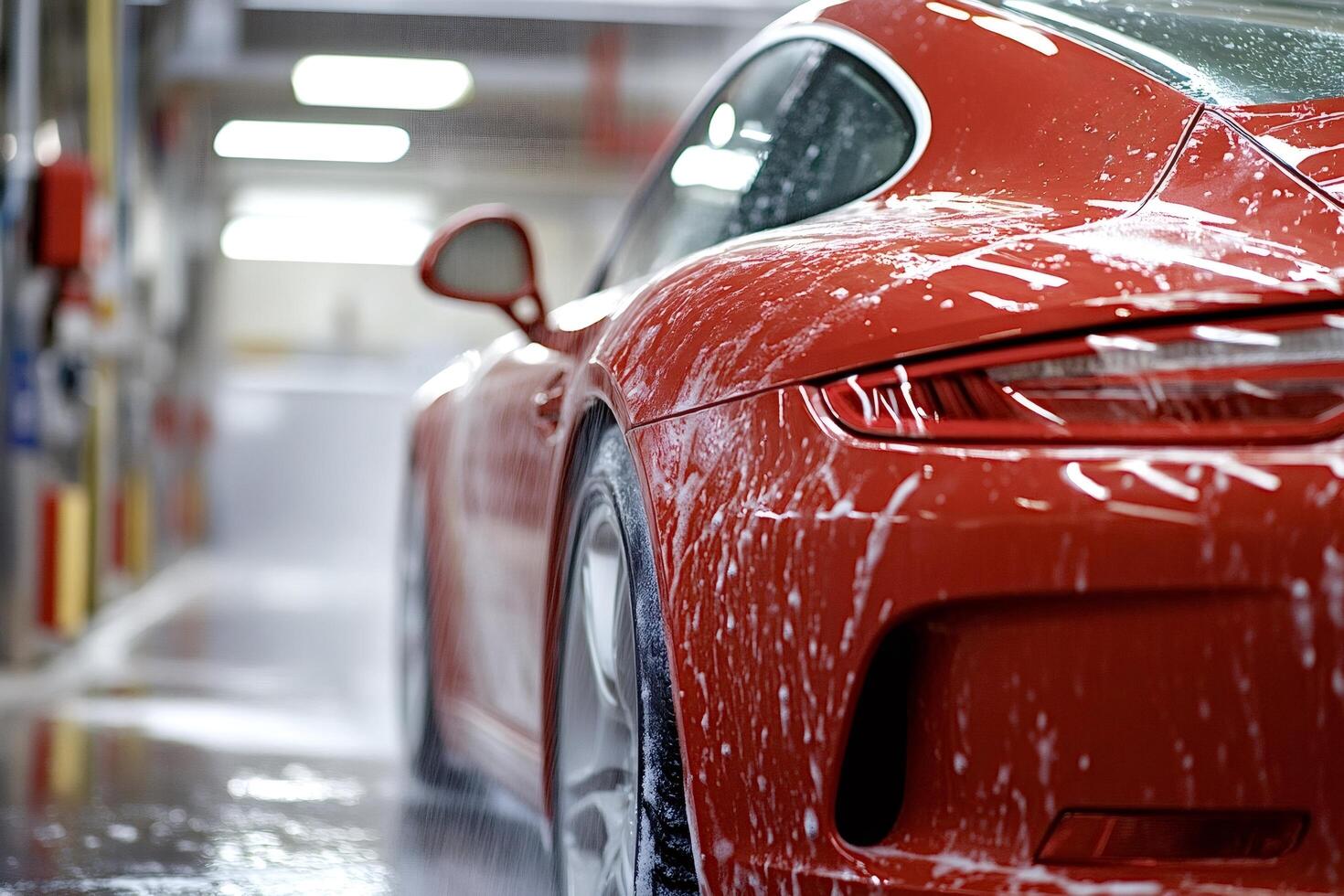 Red sports car being washed with soap in professional car wash garage photo