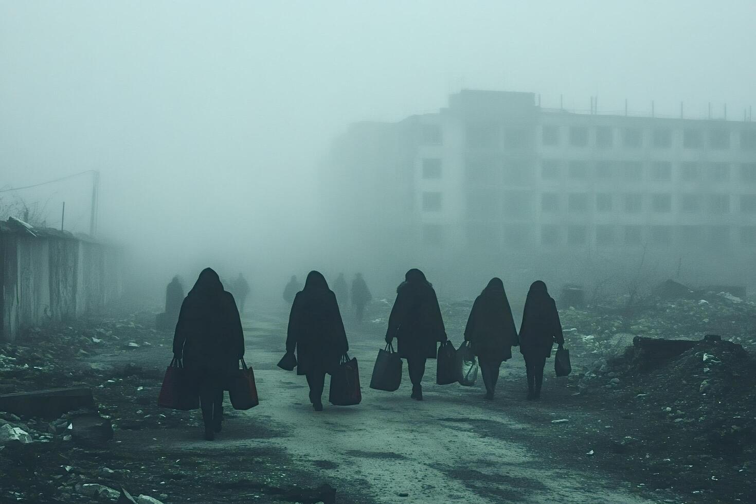 Women walking through fog in desolate urban landscape photo