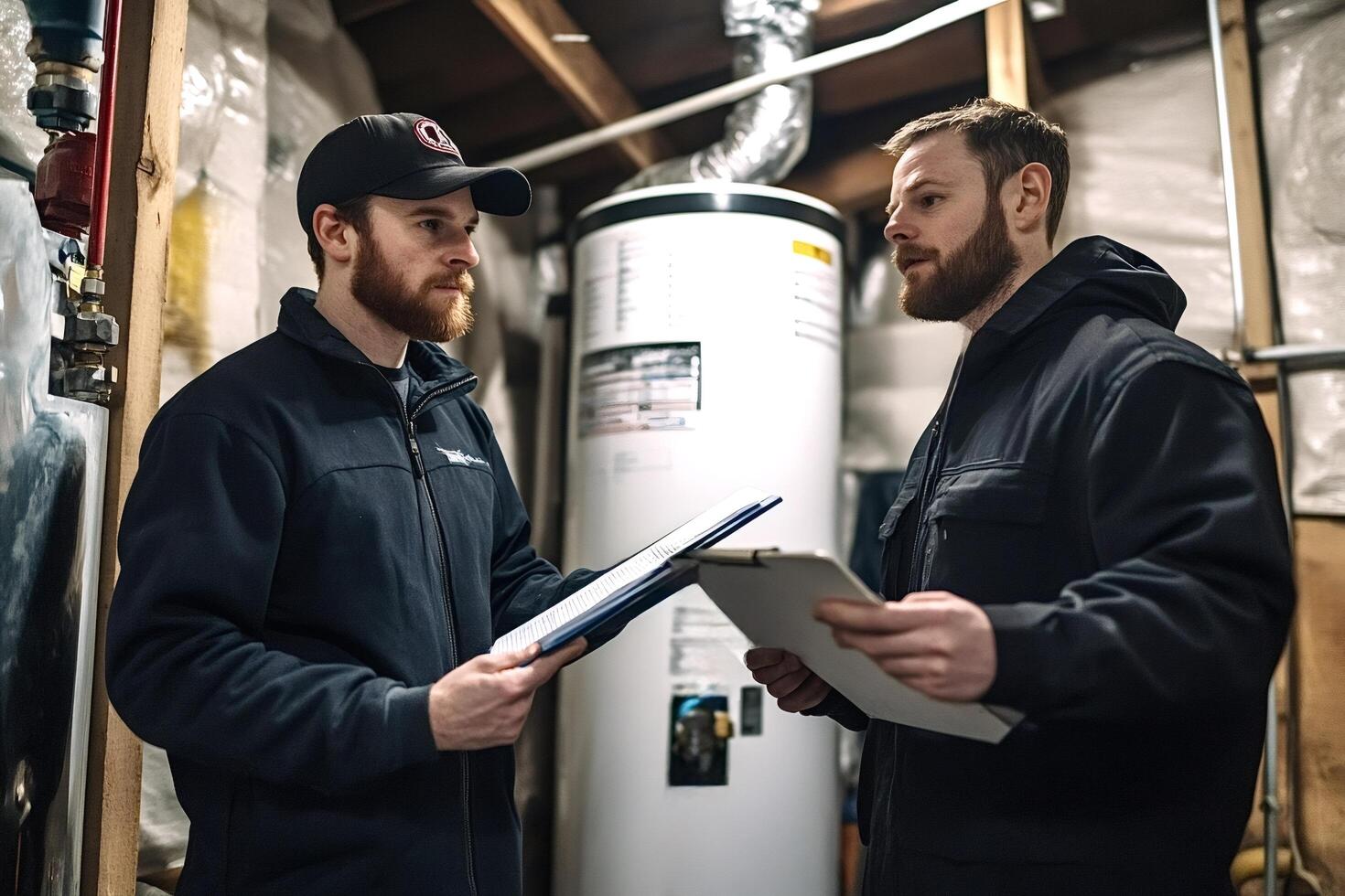 Two technicians discussing a boiler maintenance checkup in a basement photo