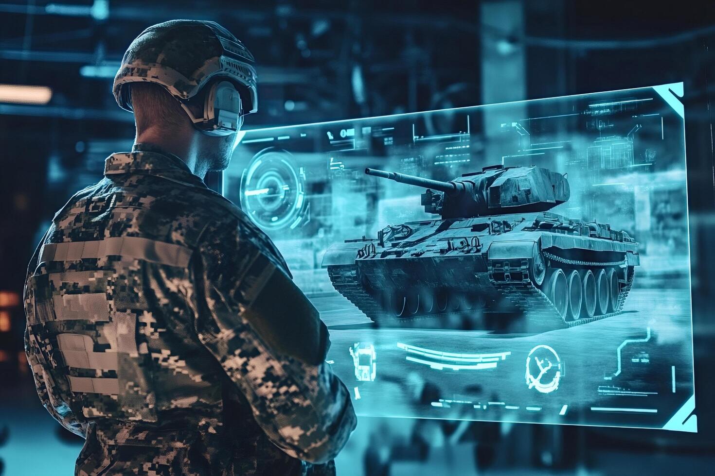 Soldier analyzing a tank with futuristic augmented reality hologram interface photo