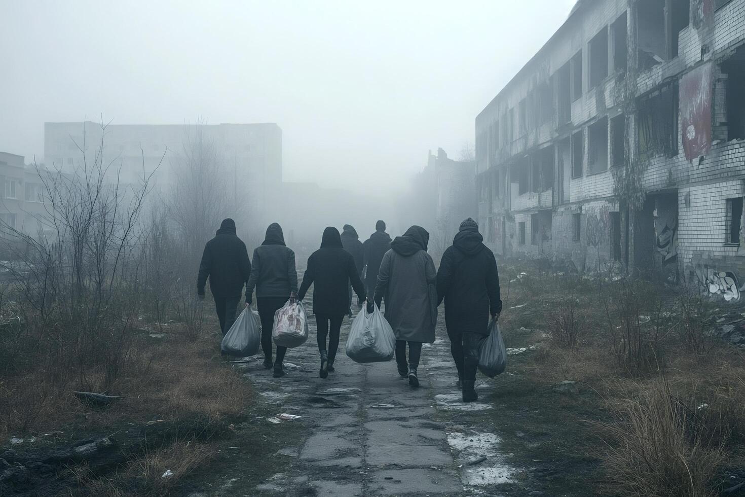 Refugees walking in destroyed city after war photo
