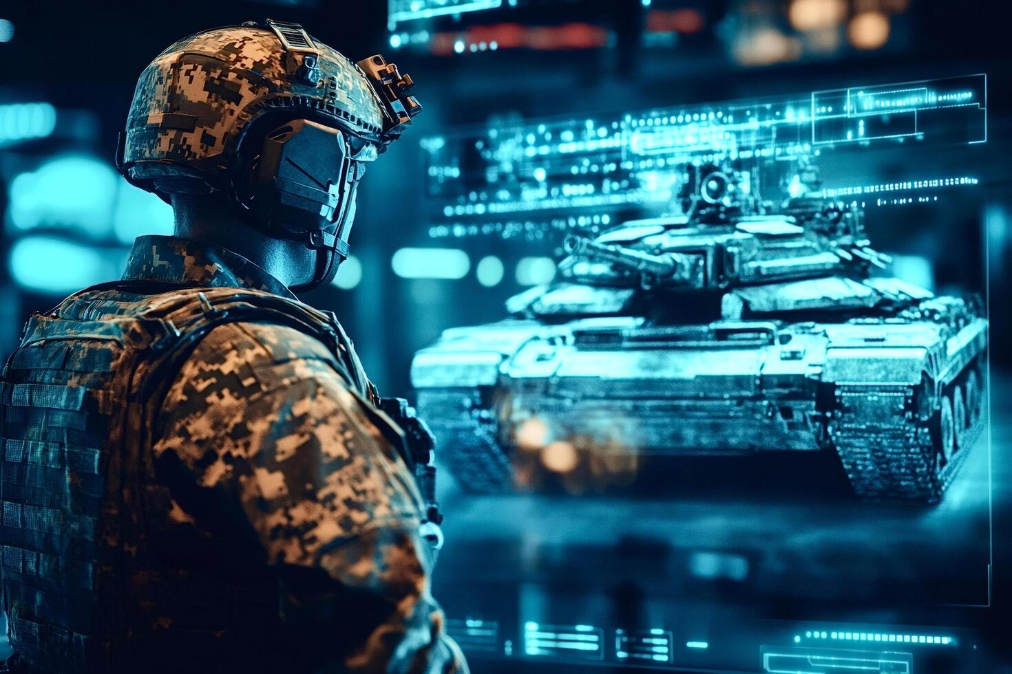 Soldier analyzing holographic projection of tank in futuristic command center photo