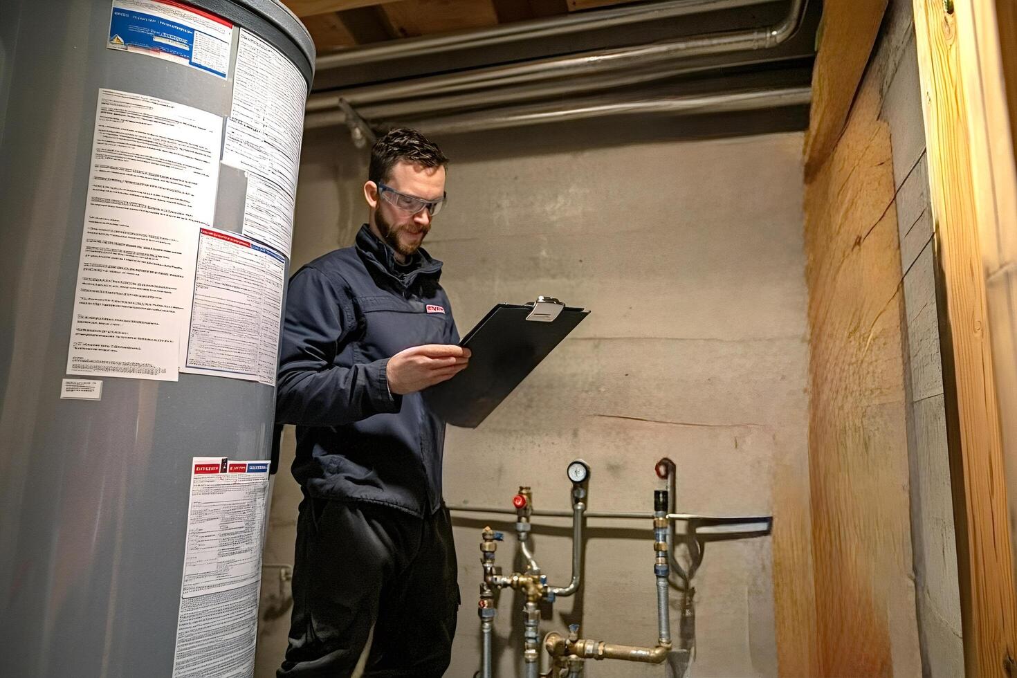 Plumber inspecting water heater and taking notes on clipboard photo