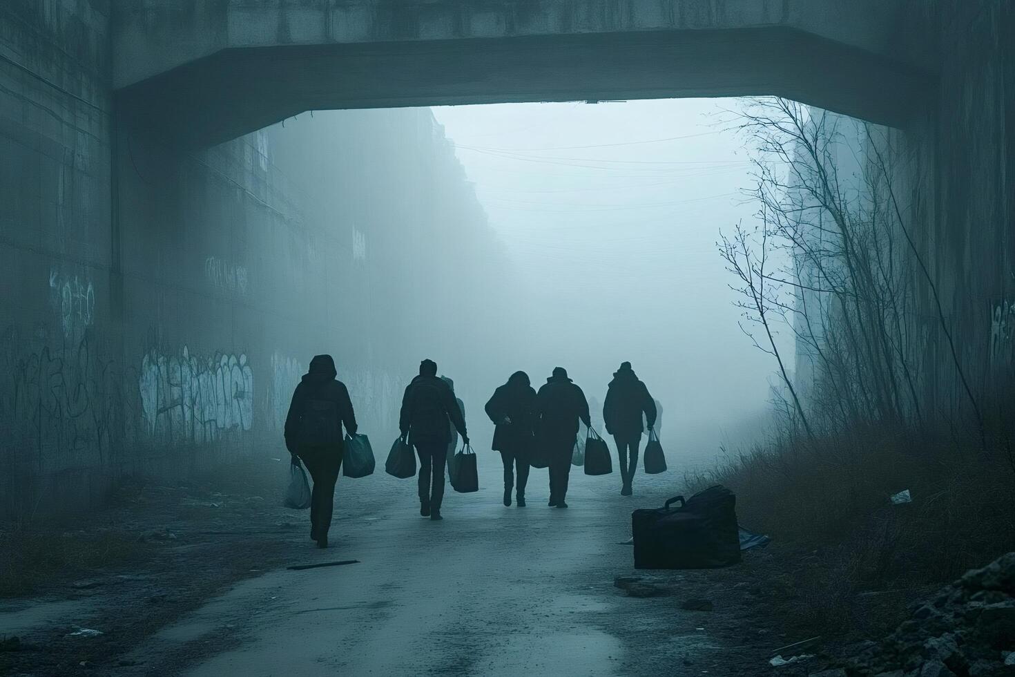 Refugees walking away in a foggy day under a bridge photo