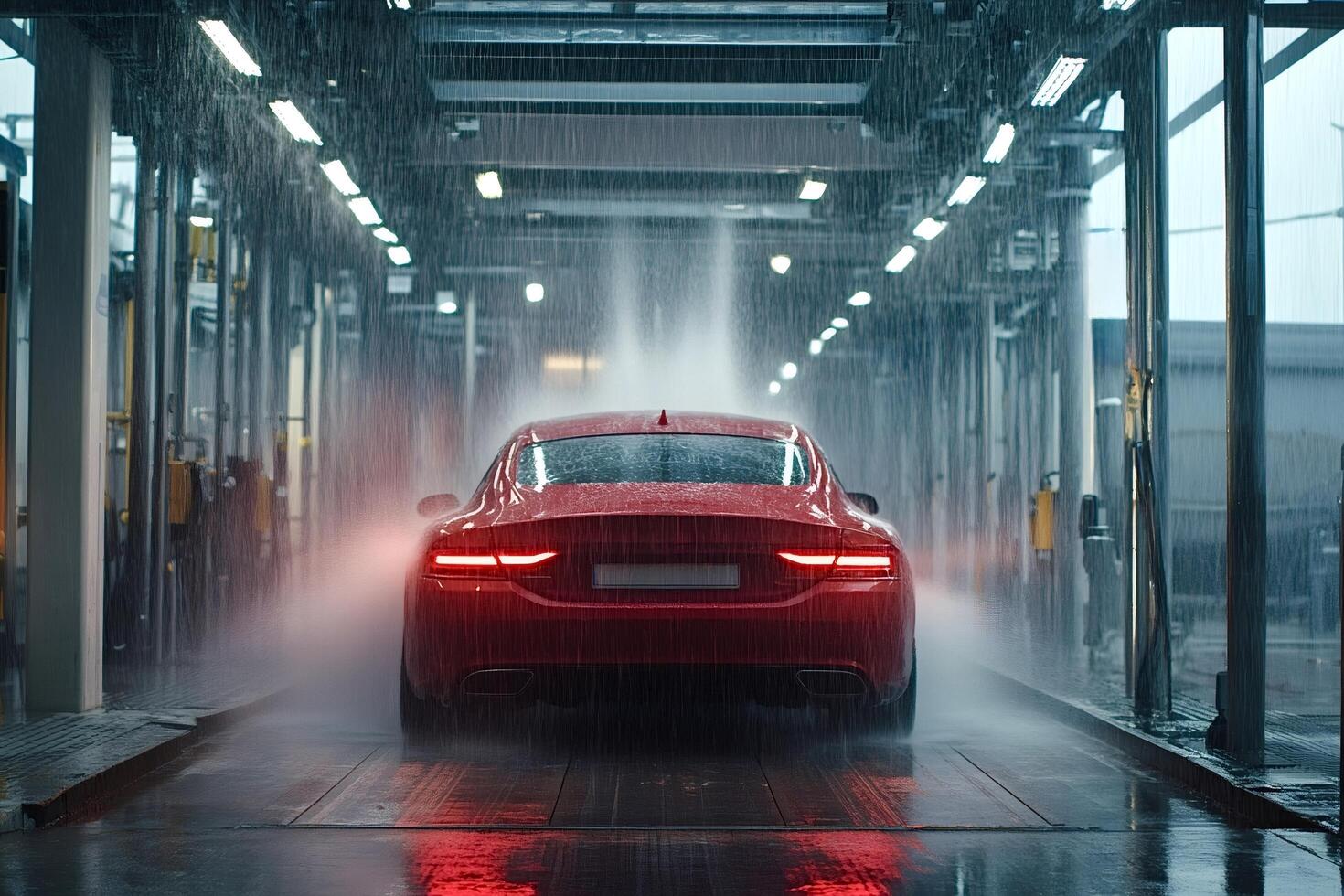 Shiny red sports car getting washed in automatic car wash powerful water jets photo