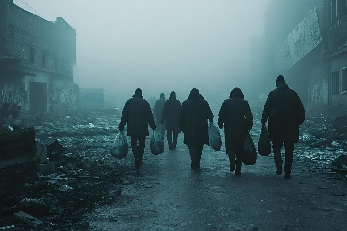 Refugees walking through destroyed city in winter fog photo