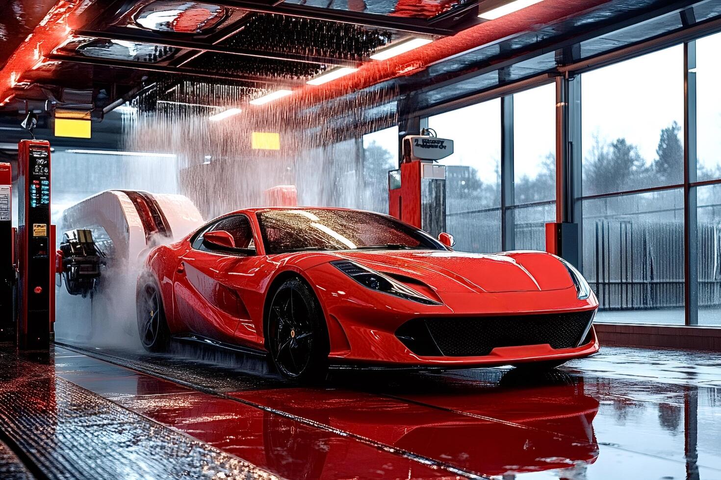 Shiny red sports car getting washed in automatic car wash photo