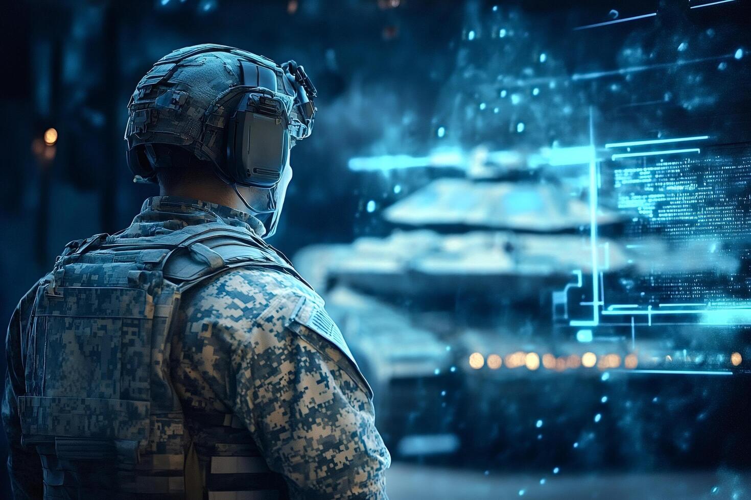 Soldier analyzing data and controlling futuristic tank with augmented reality photo
