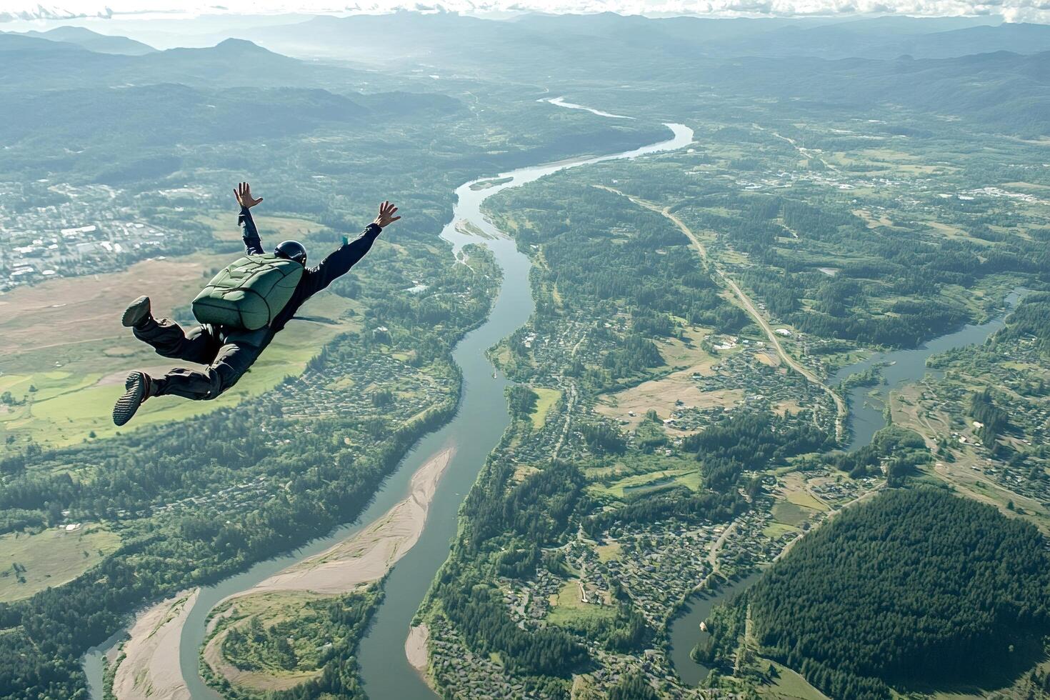 Skydiver falling towards earth above winding river and green landscape photo