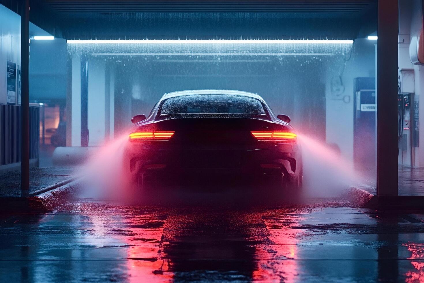 Modern car washing in automated car wash at night photo