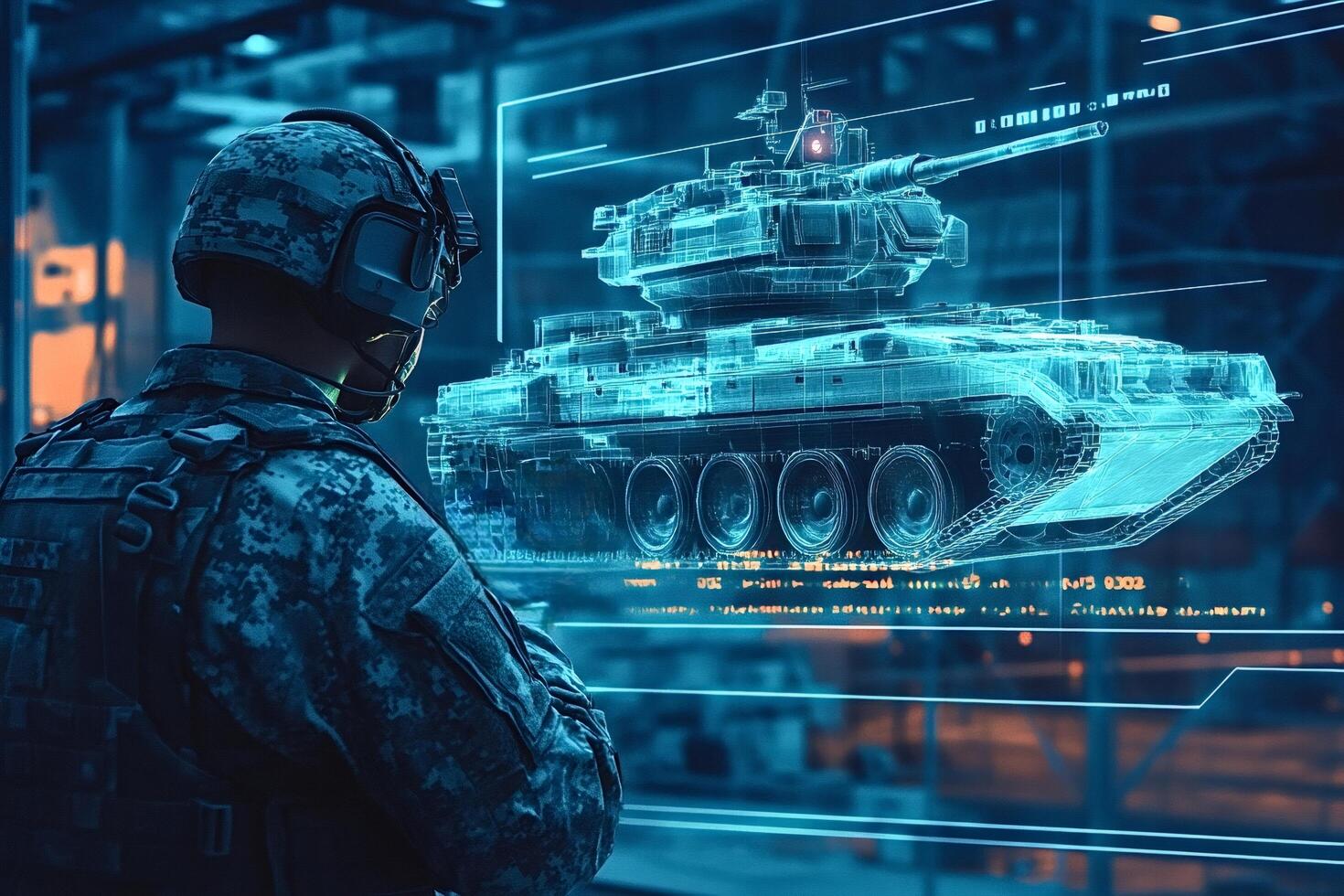 Soldier analyzing holographic projection of military tank in futuristic setting photo