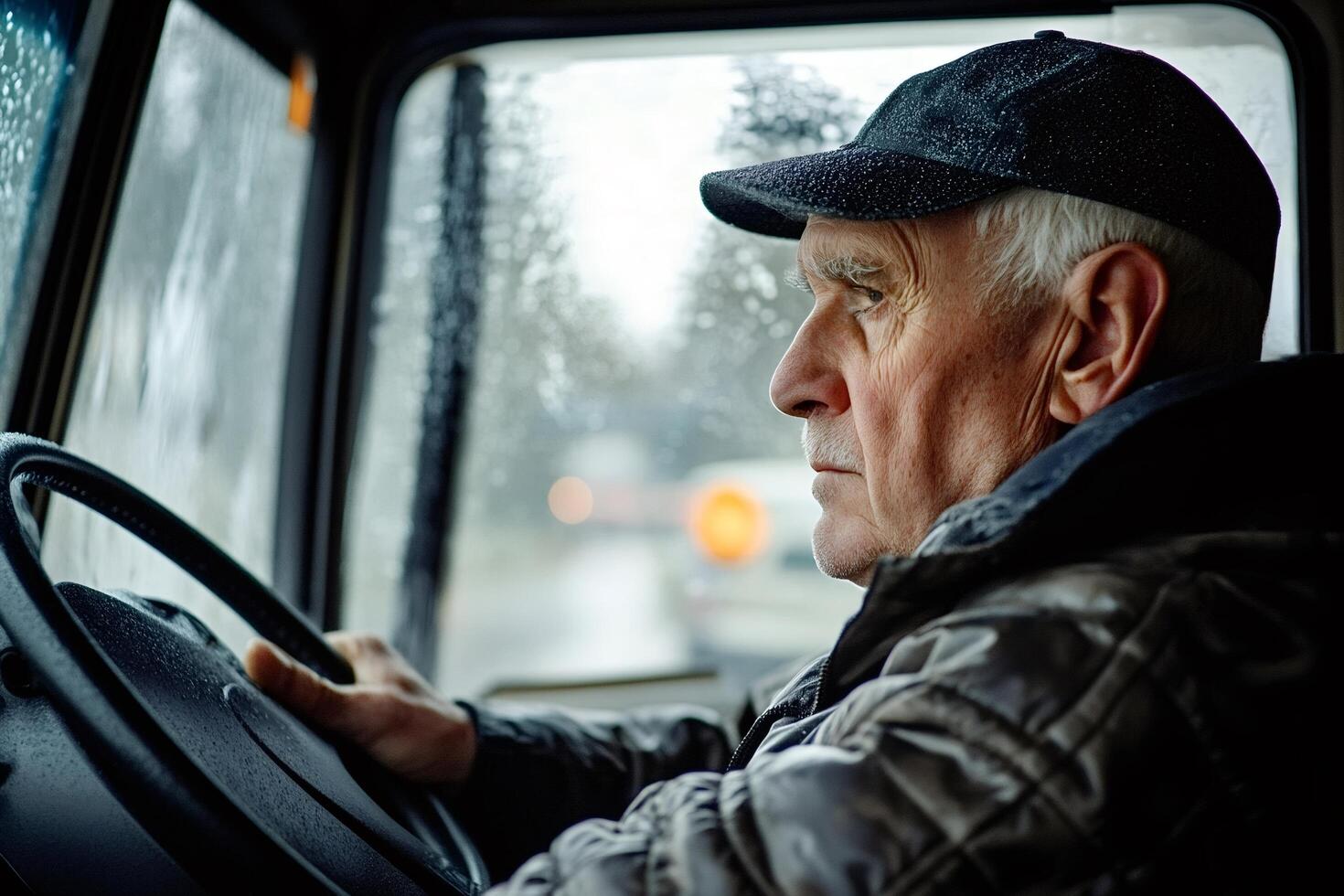 Senior truck driver driving on a rainy day photo