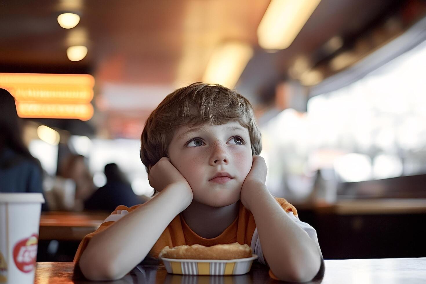 Bored child resting head on hands in fast food restaurant photo