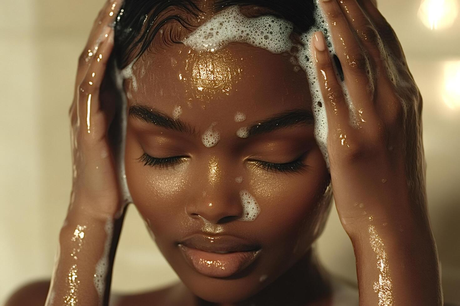 Beautiful black woman washing hair and face with soap and water photo