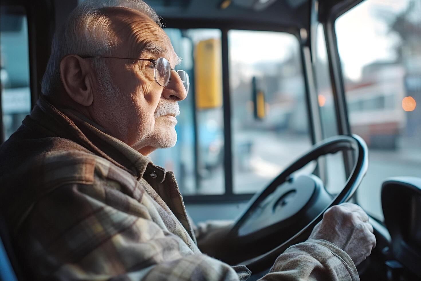 Senior bus driver concentrating on the road ahead photo