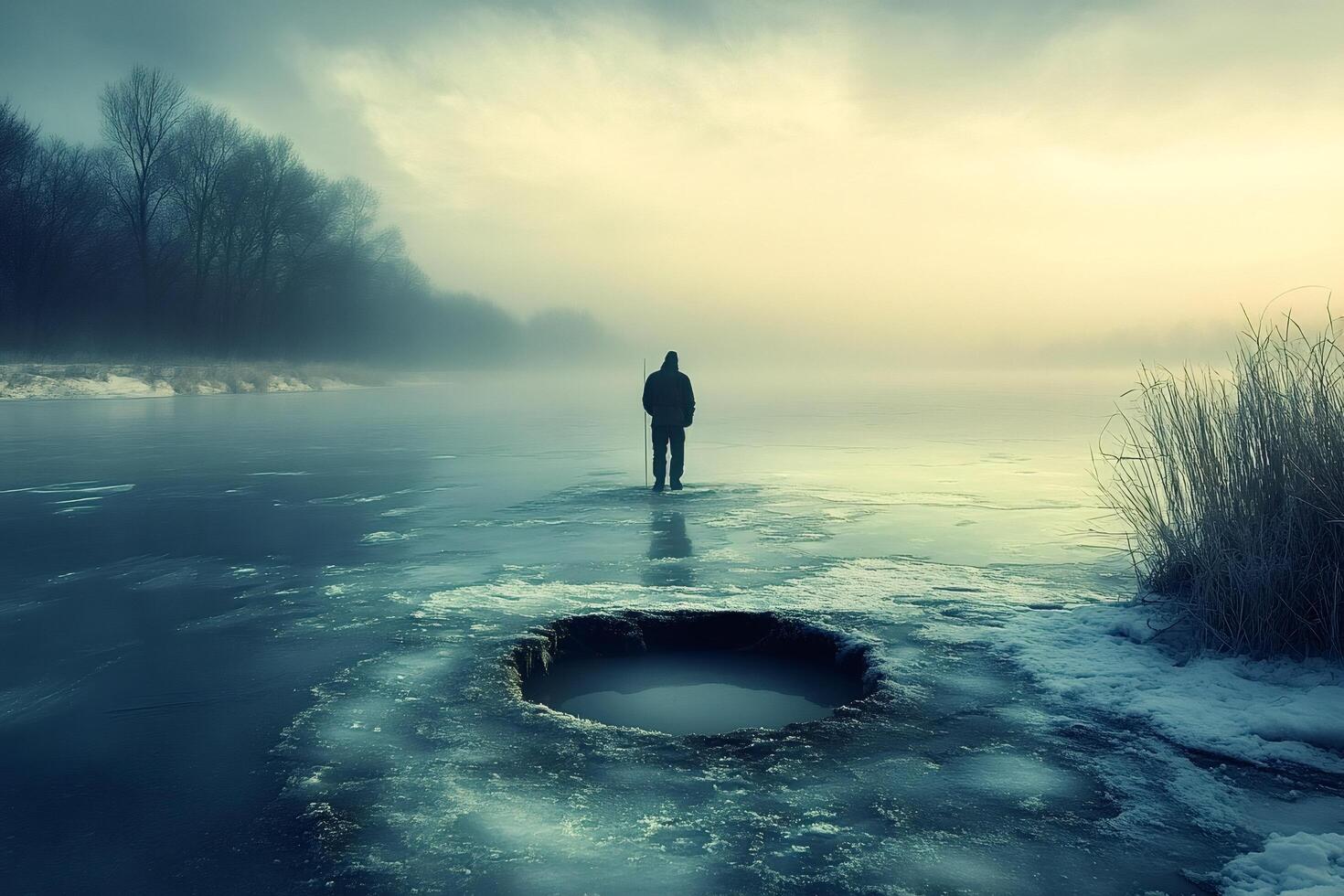 Fisherman standing on frozen lake near a hole in the ice during foggy sunrise photo