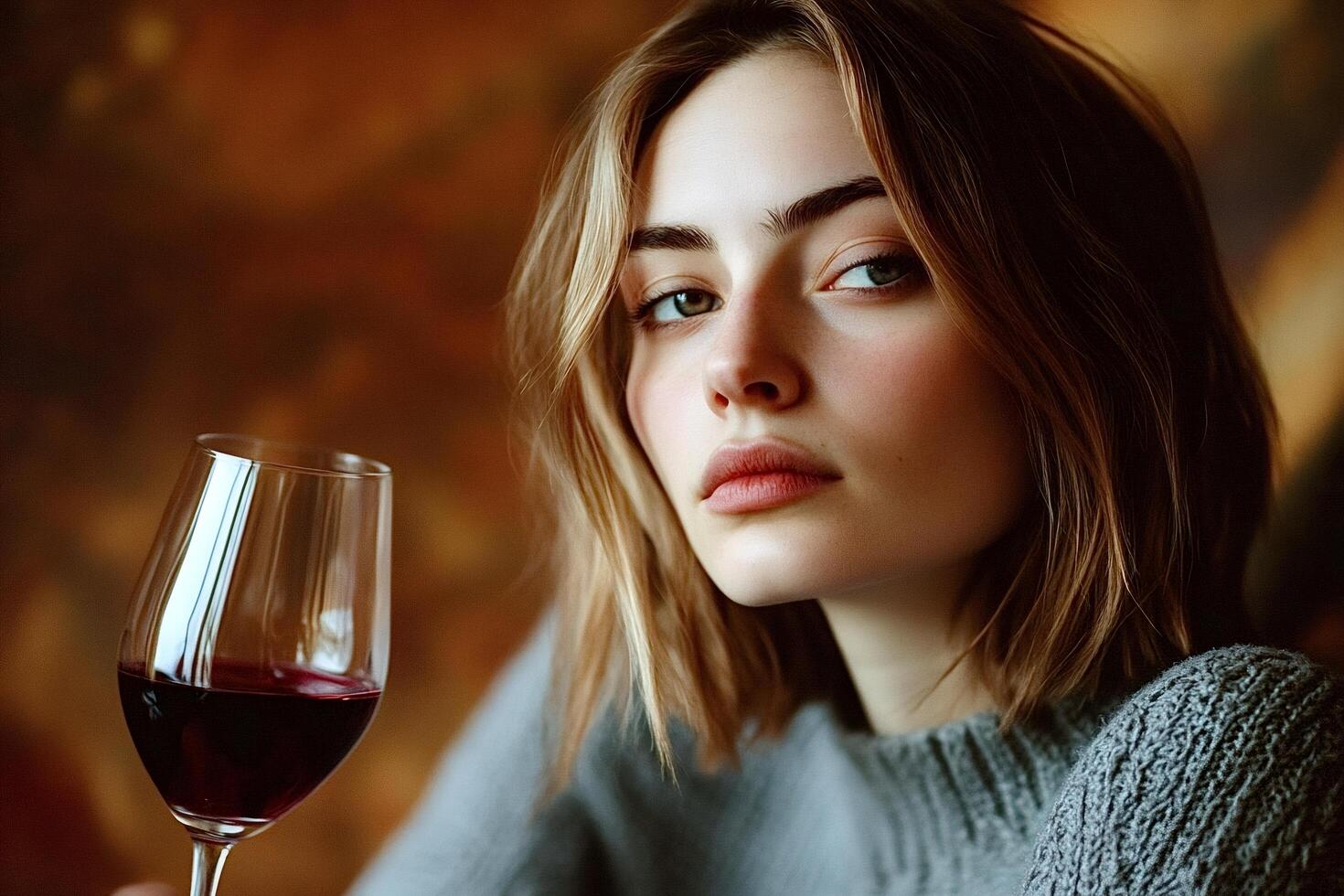 Young woman drinking red wine in warm atmospheric setting photo