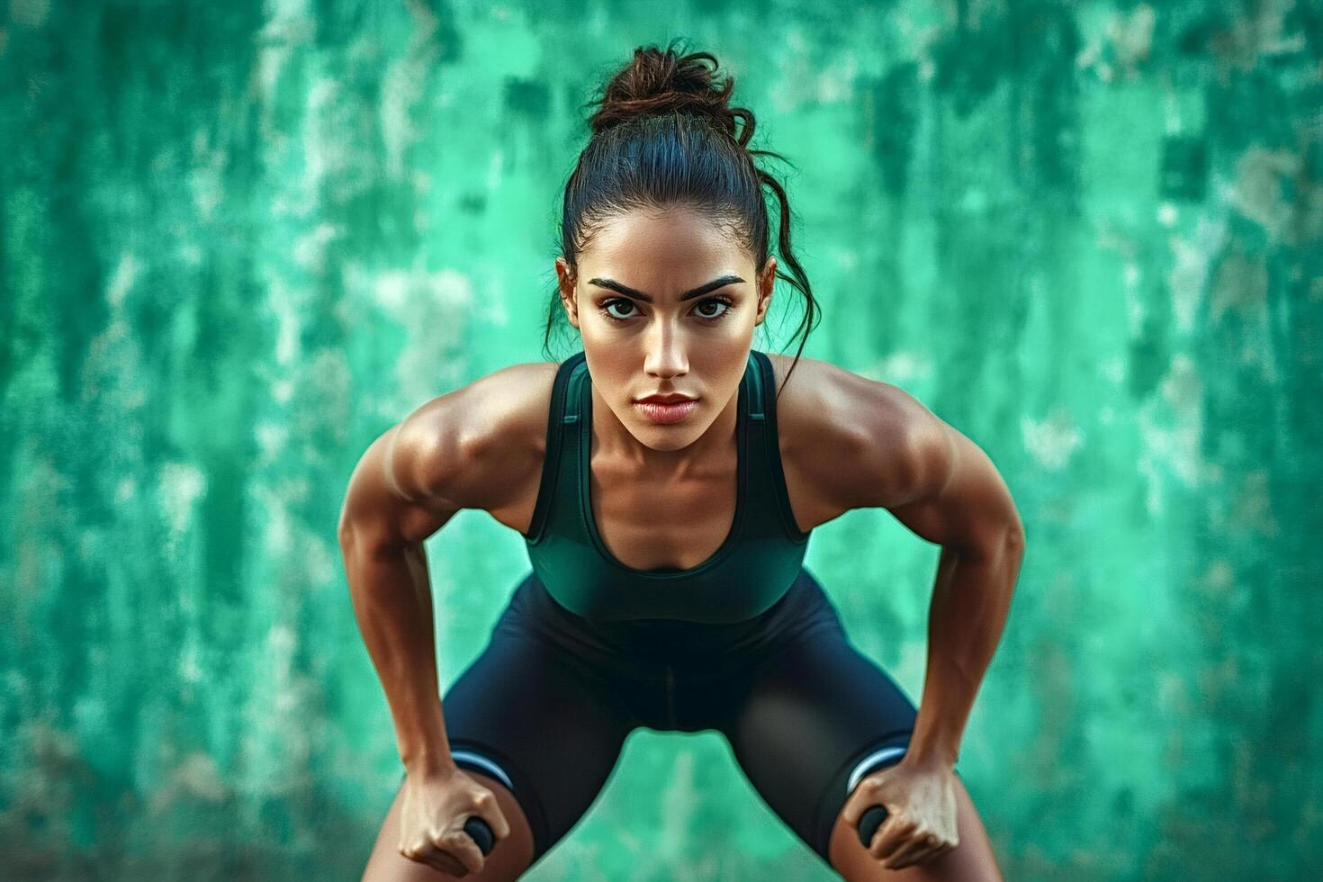 Determined sportswoman doing squats with dumbbells against green wall photo