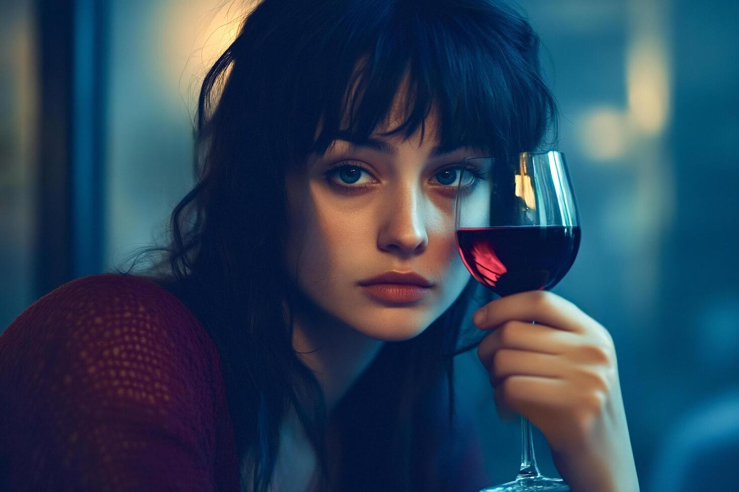 Young woman drinking red wine in restaurant with blue interior lighting photo