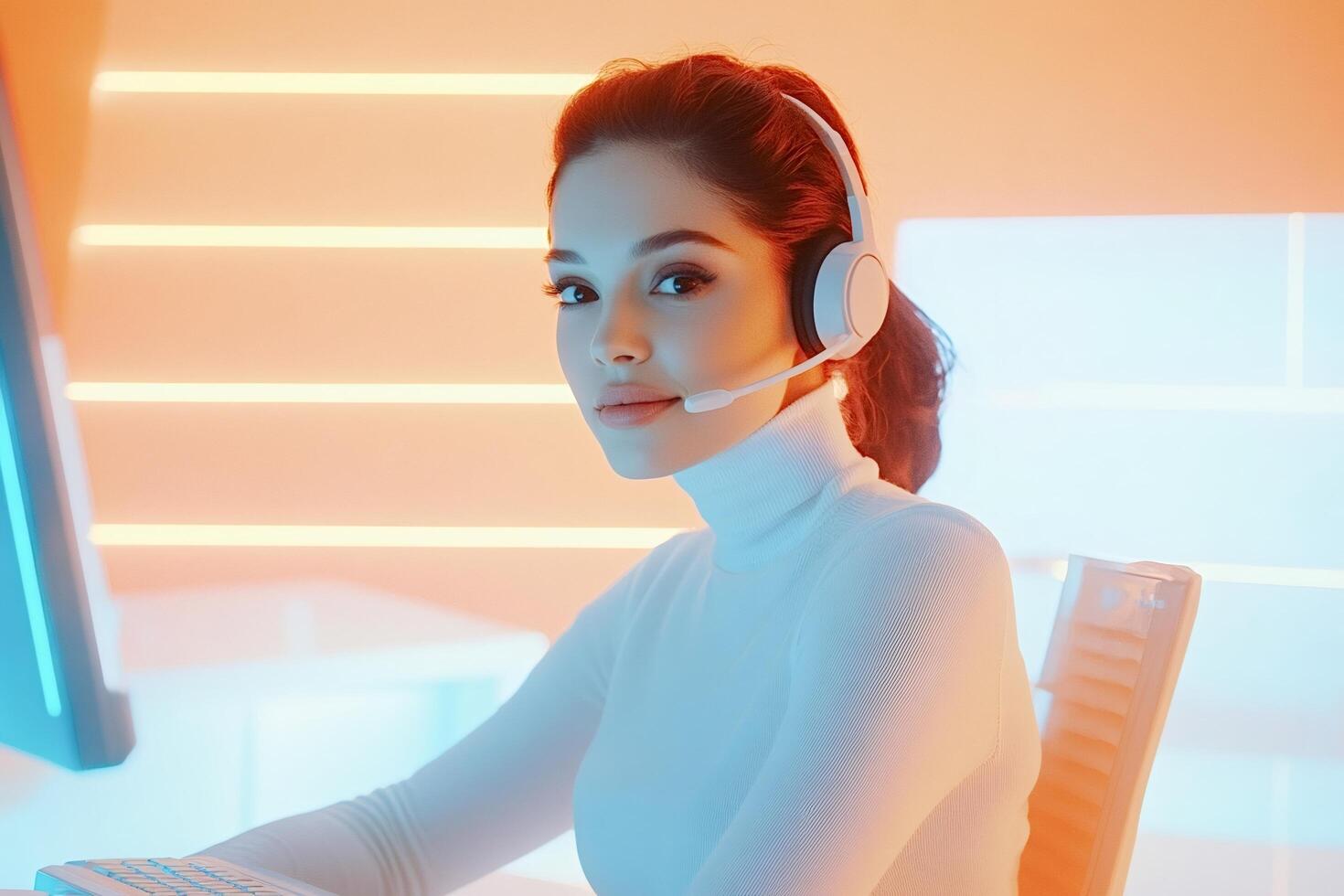 Confident operator wearing headset working on computer in neon lit office photo