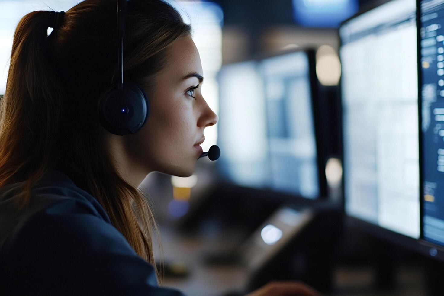 Security operator working late at night in system control room photo