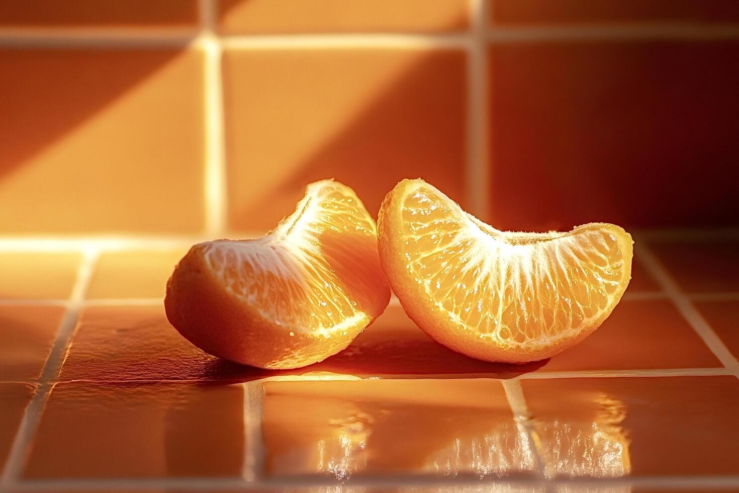 Two tangerine slices resting on orange tiles in warm sunlight photo