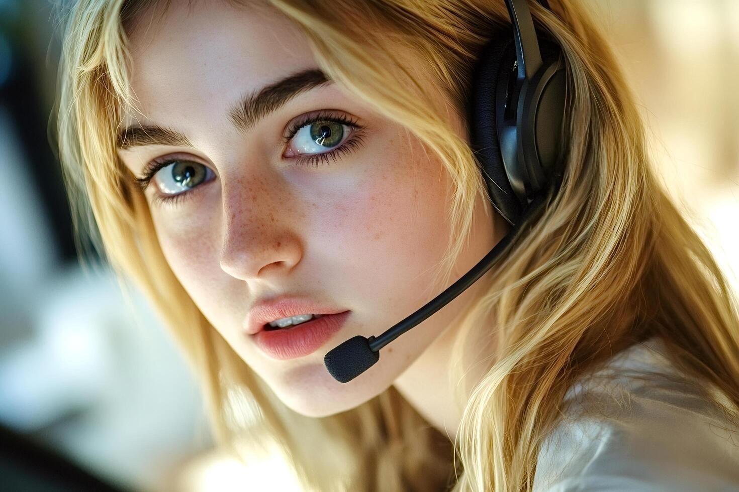 Concentrated female call center operator wearing headset photo