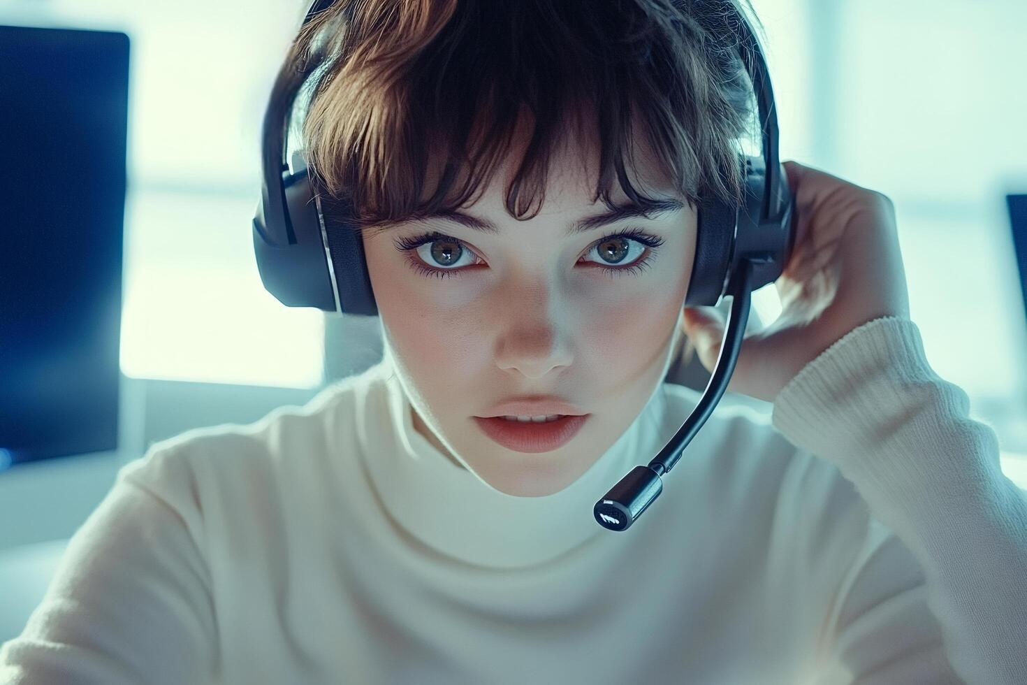 Focused female dispatcher managing emergency calls in control center photo