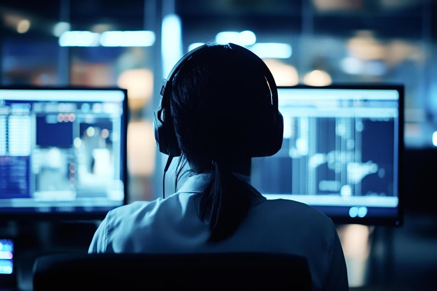 Security specialist monitoring network traffic on multiple computer screens photo