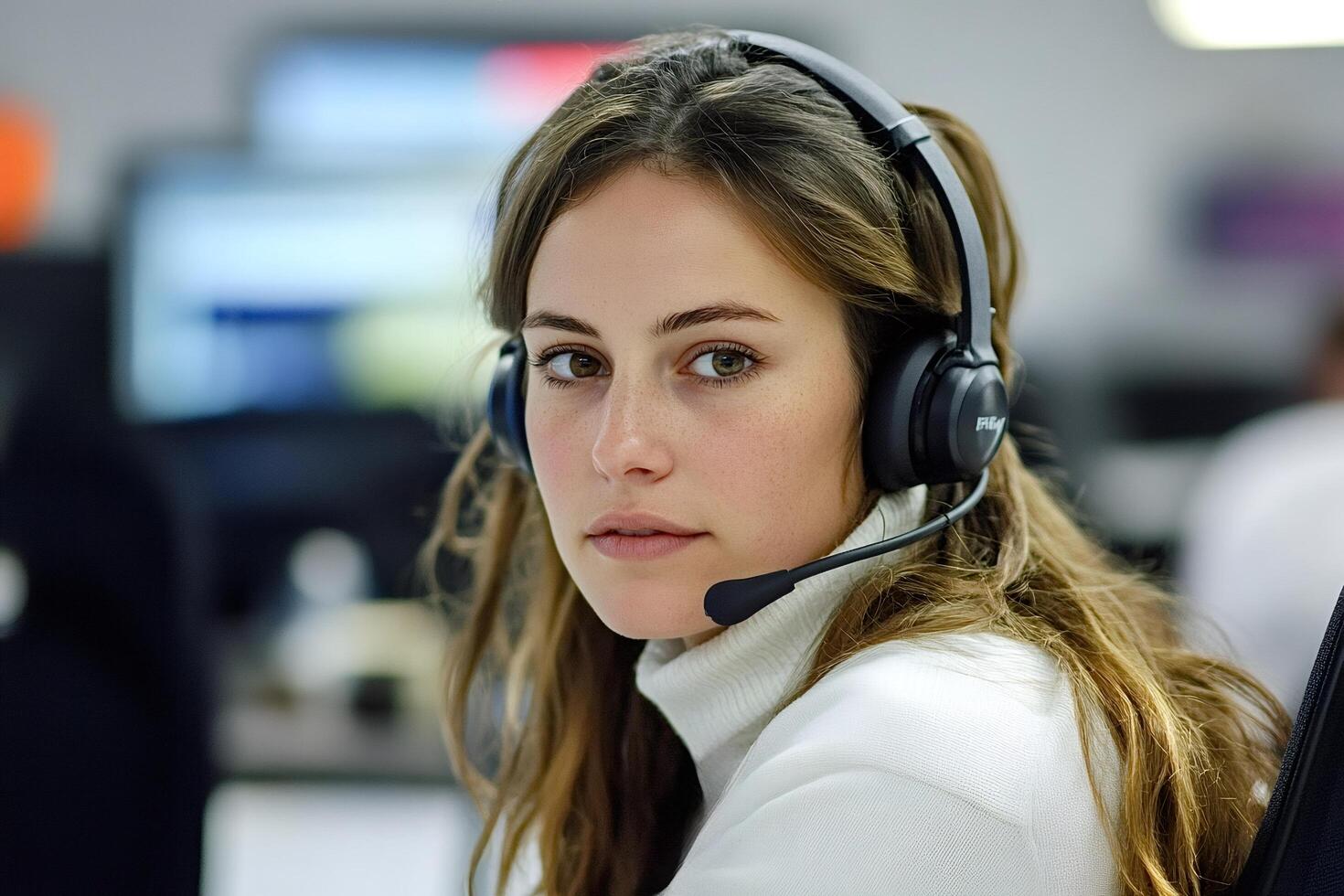 Confident operator wearing headset in busy call center photo