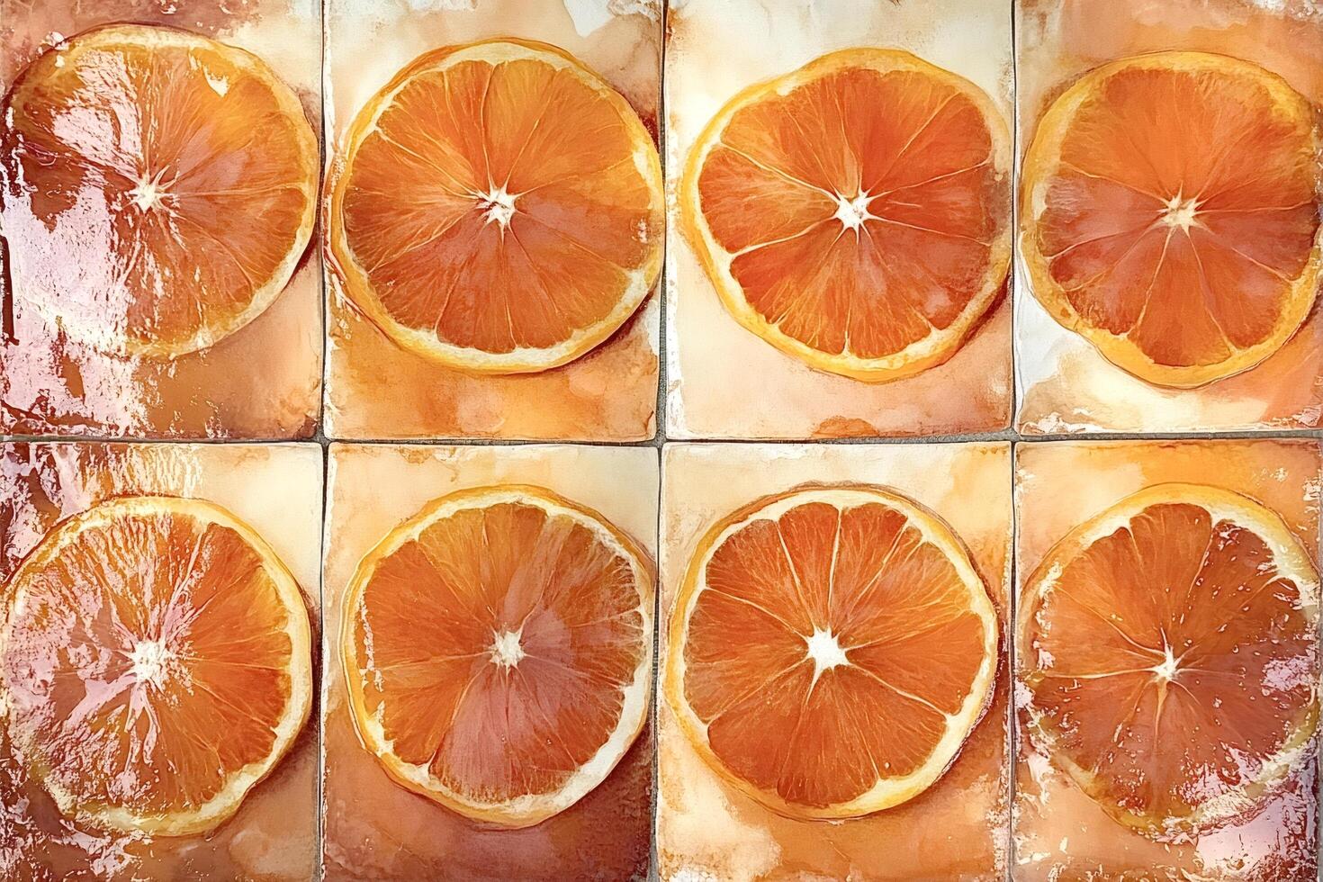 Orange slices arranged on ceramic tiles creating vibrant citrus pattern photo
