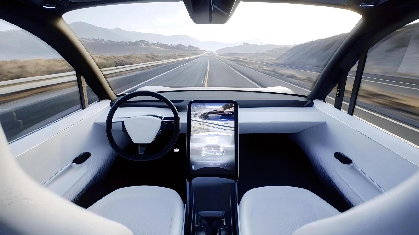 Autonomous electric car driving on highway showing interior and display screen photo