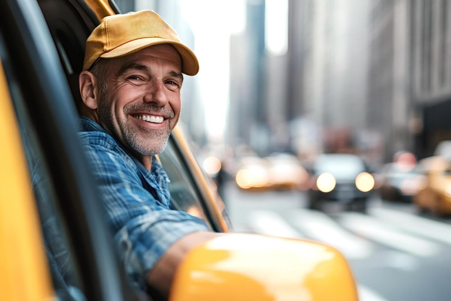 Happy taxi driver smiling in new york city photo