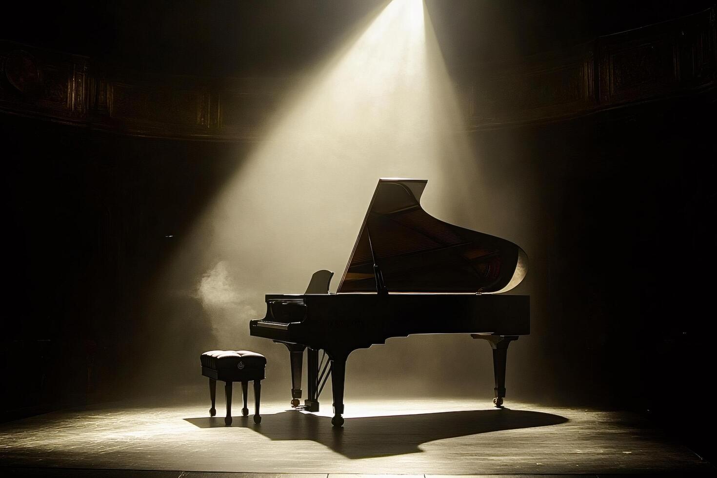 Grand piano illuminated by spotlight on stage in empty theater photo